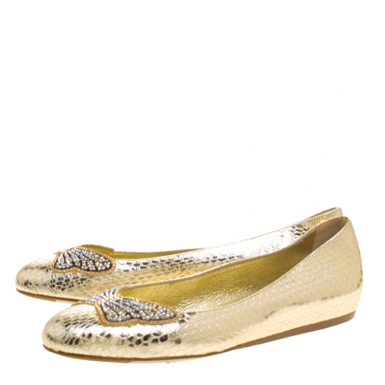 Pre Owned Le Silla Metallic Gold Snake Embossed Leather Butterfly Crystal Embellished Motif Ballet Flats Size 36