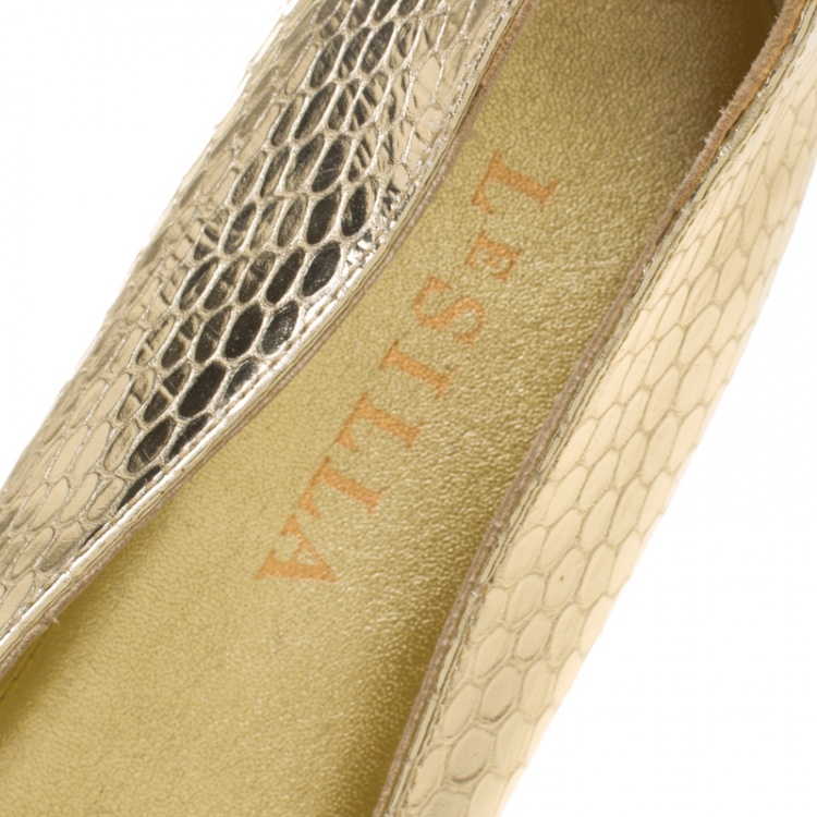 Pre Owned Le Silla Metallic Gold Snake Embossed Leather Butterfly Crystal Embellished Motif Ballet Flats Size 36