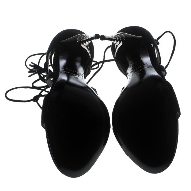 Pre Owned Le Silla Black Suede Torchon Tie Up Sandals Size 38