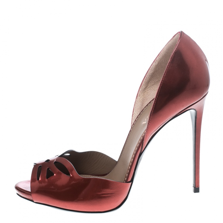 Pre Owned Le Silla Red Leather Spezzata Open Toe D'orsay Pumps Size 38.5 