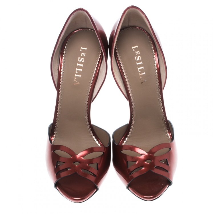 Pre Owned Le Silla Red Leather Spezzata Open Toe D'orsay Pumps Size 38.5 