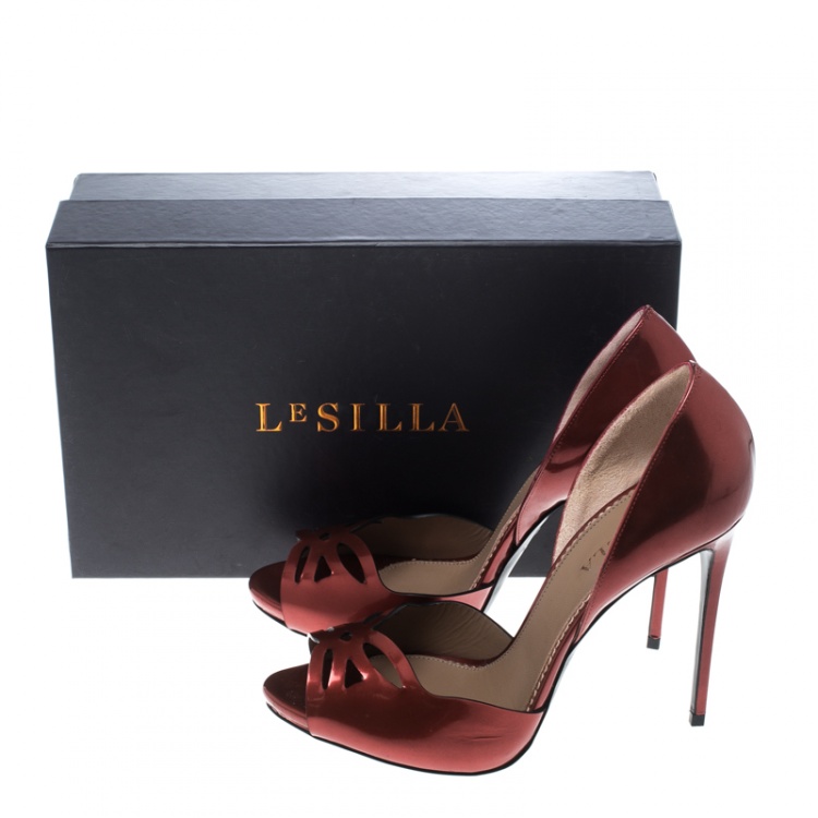 Pre Owned Le Silla Red Leather Spezzata Open Toe D'orsay Pumps Size 38.5 
