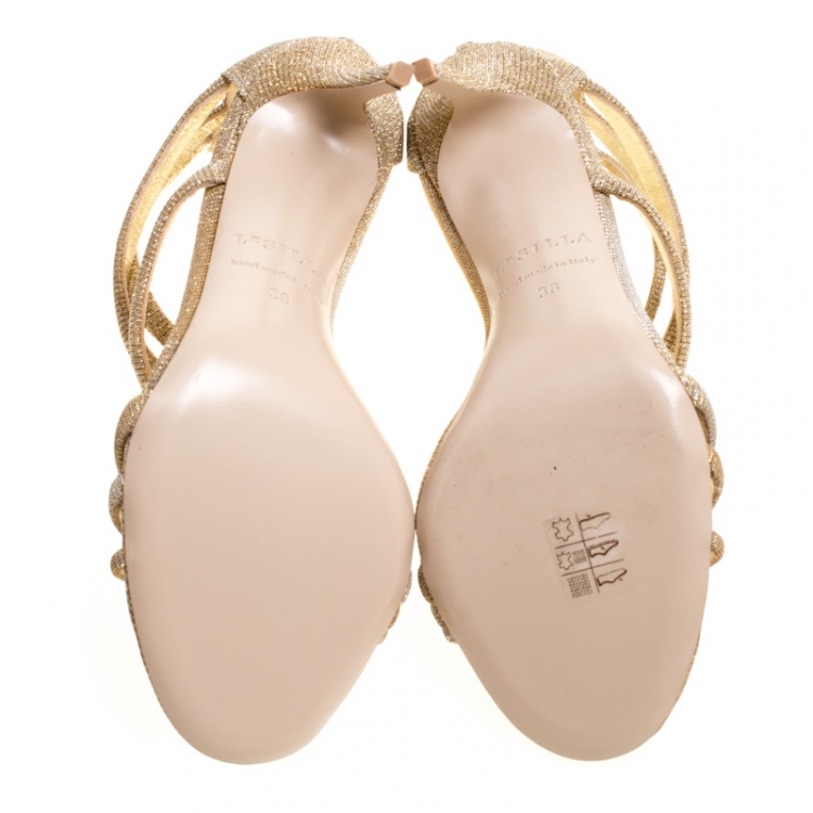 Pre Owned Le Silla Metallic Gold Lamé Glitter Fabric Galaxy Sandals Size 38
