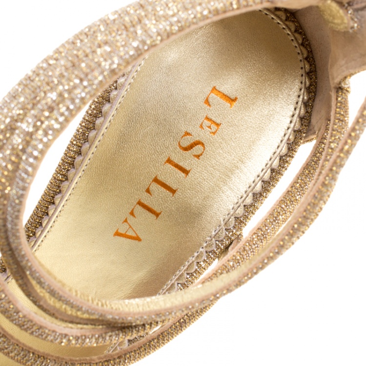 Pre Owned Le Silla Metallic Gold Lamé Glitter Fabric Galaxy Sandals Size 38
