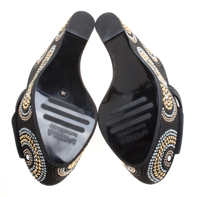 Pre Owned Le Silla Black Canvas Embellished Wedge Platform Cross Strap Slides Size 36