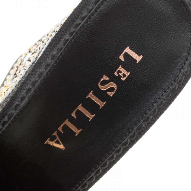 Pre Owned Le Silla Black Canvas Embellished Wedge Platform Cross Strap Slides Size 36