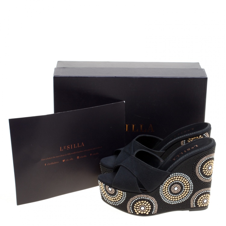 Pre Owned Le Silla Black Canvas Embellished Wedge Platform Cross Strap Slides Size 36