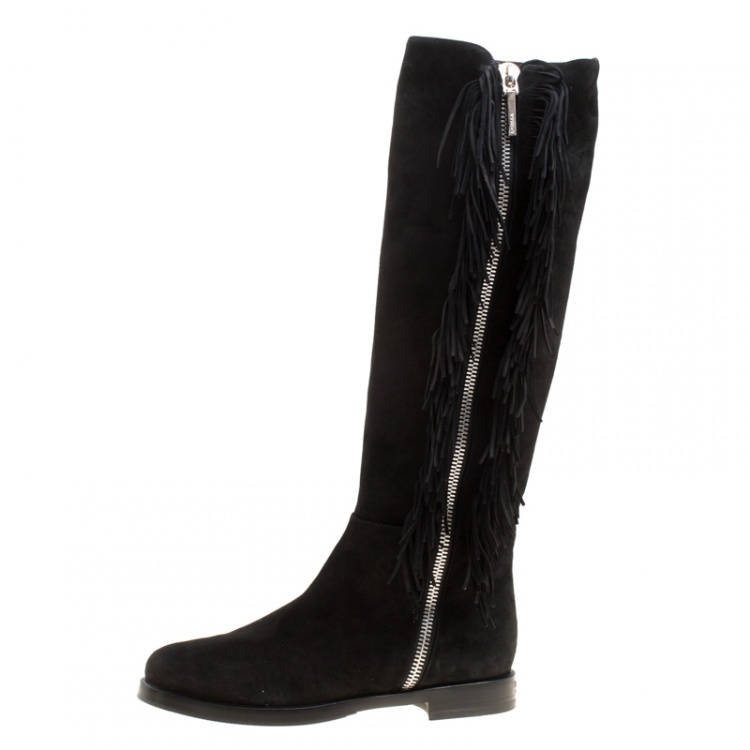 Pre Owned Le Silla Black Suede Fringe Trim Knee Length Boots Size 37.5