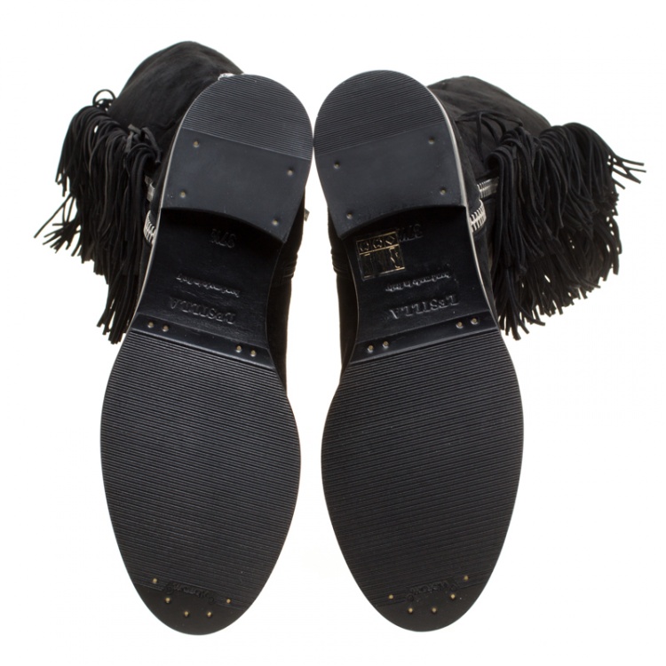Pre Owned Le Silla Black Suede Fringe Trim Knee Length Boots Size 37.5