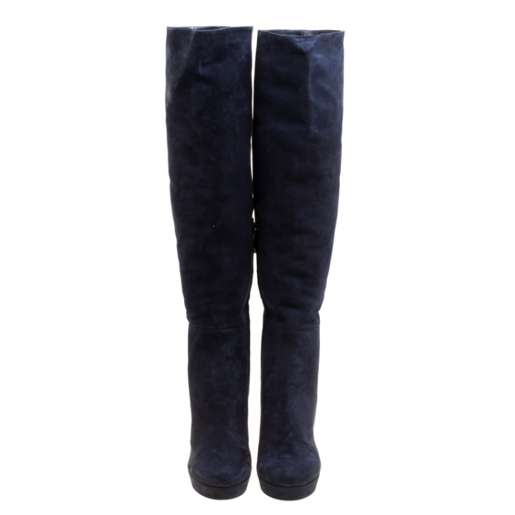 Pre Owned Loriblu Navy Blue Suede Over the Knee Platform Boots Size 38.5