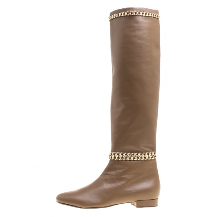 Pre Owned Le Silla Dark Beige Leather Chain Detail Knee High Boots Size 40