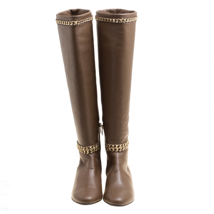 Pre Owned Le Silla Brown Leather Chain Detail Knee High Boots Size 38.5