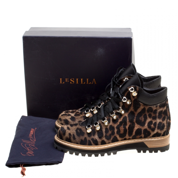Pre Owned Le Silla Leopard Print Pony Hair Platform Ankle Boots Size 40