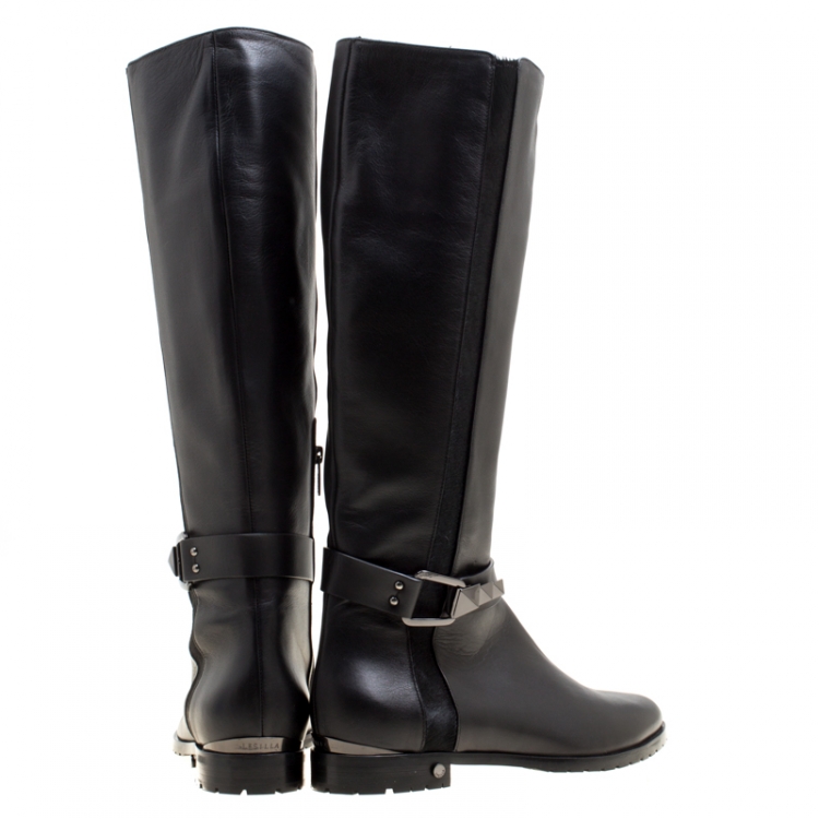 Pre Owned Le Silla Black Leather And Pony Hair Trim Knee High Boots Size 38