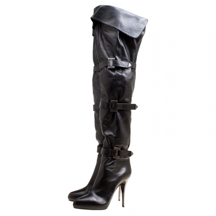 Pre Owned Le Silla Black Leather Mid Thigh Boots Size 41