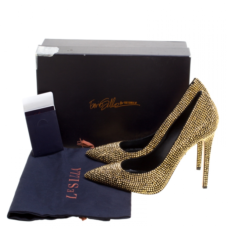 Pre Owned Enio Silla For Le Silla Metallic Gold Crystal Embellished Suede Pointed Toe Pumps Size 40
