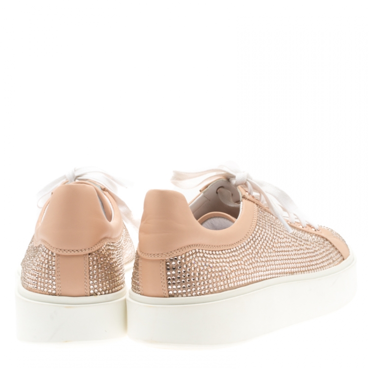 Pre Owned Le Silla Peach Crystal Embellished Leather Lace Up Platform Sneakers Size 39