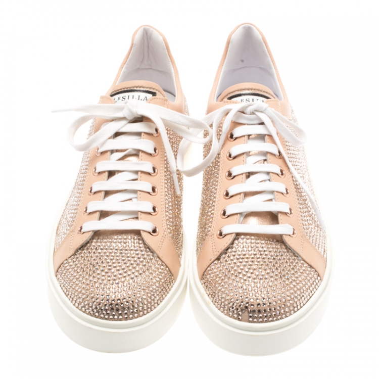 Pre Owned Le Silla Peach Crystal Embellished Leather Lace Up Platform Sneakers Size 39