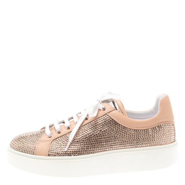 Pre Owned Le Silla Peach Crystal Embellished Leather Lace Up Platform Sneakers Size 39