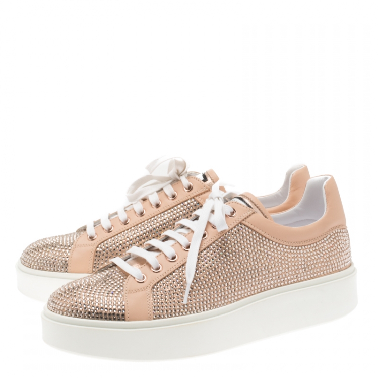 Pre Owned Le Silla Peach Crystal Embellished Leather Lace Up Platform Sneakers Size 39