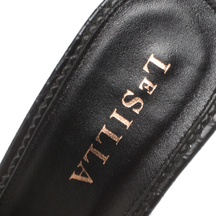 Pre Owned Le Silla Black Crystal Embellished Cross Strap Python Print Wedge Platform Slides Size 41
