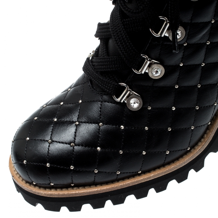 Pre Owned Le Silla St.Moritz Black Quilted Leather Block Heel Trekking Boots Size 40