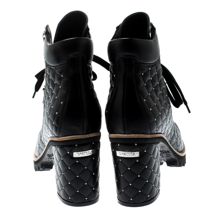 Pre Owned Le Silla St.Moritz Black Quilted Leather Block Heel Trekking Boots Size 40