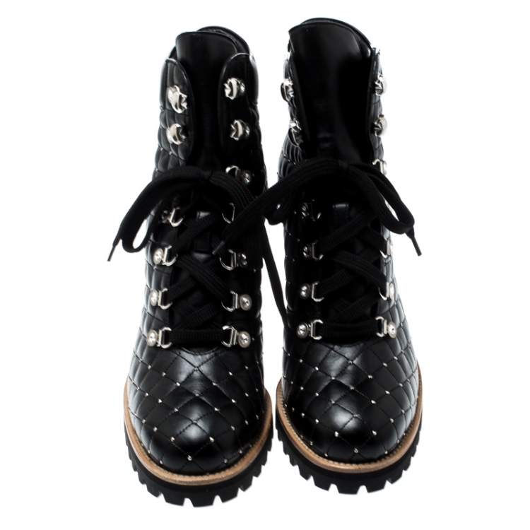 Pre Owned Le Silla St.Moritz Black Quilted Leather Block Heel Trekking Boots Size 40