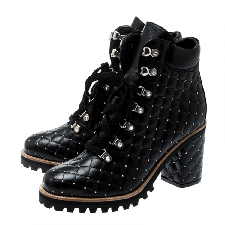 Pre Owned Le Silla St.Moritz Black Quilted Leather Block Heel Trekking Boots Size 40