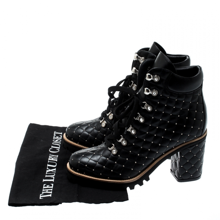 Pre Owned Le Silla St.Moritz Black Quilted Leather Block Heel Trekking Boots Size 40