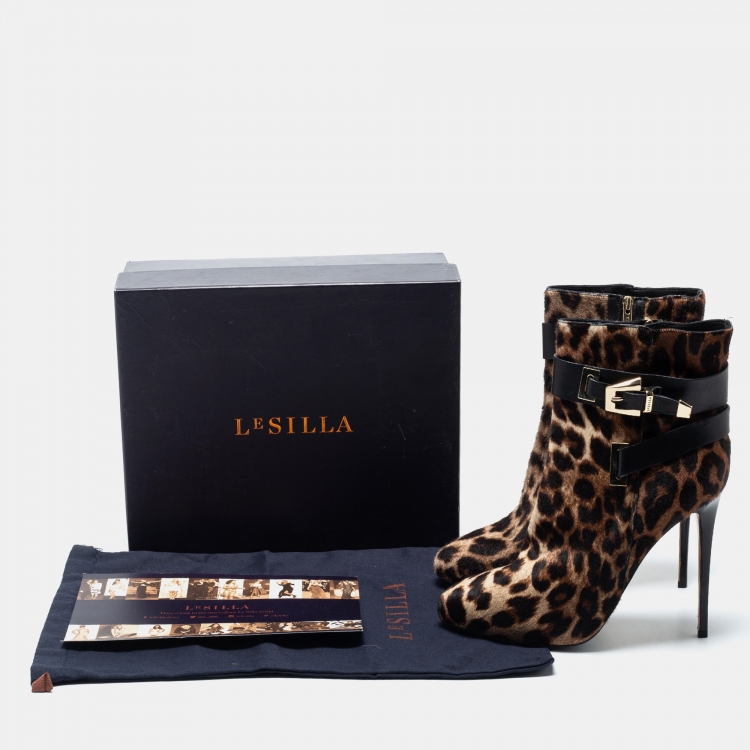 Pre Owned Le Silla Brown Leopard Printed Calf Hair Ankle Boots Size 40