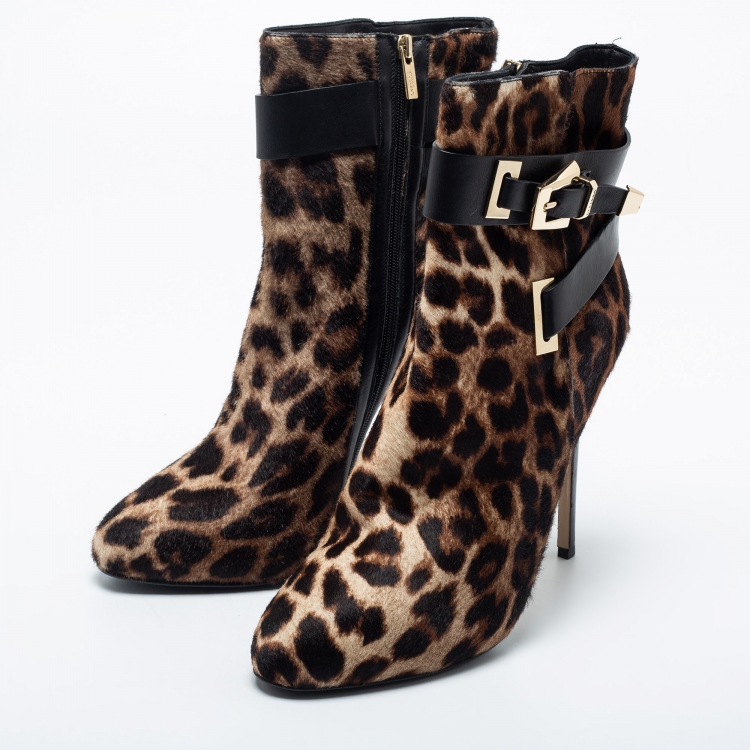 Pre Owned Le Silla Brown Leopard Printed Calf Hair Ankle Boots Size 40