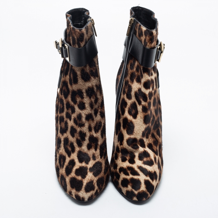 Pre Owned Le Silla Brown Leopard Printed Calf Hair Ankle Boots Size 40