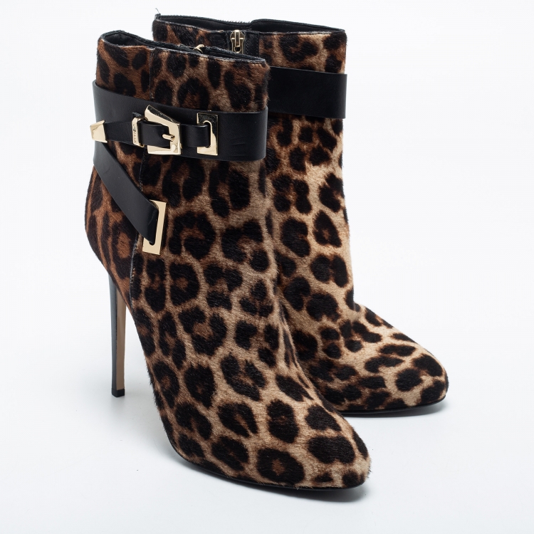 Pre Owned Le Silla Brown Leopard Printed Calf Hair Ankle Boots Size 40