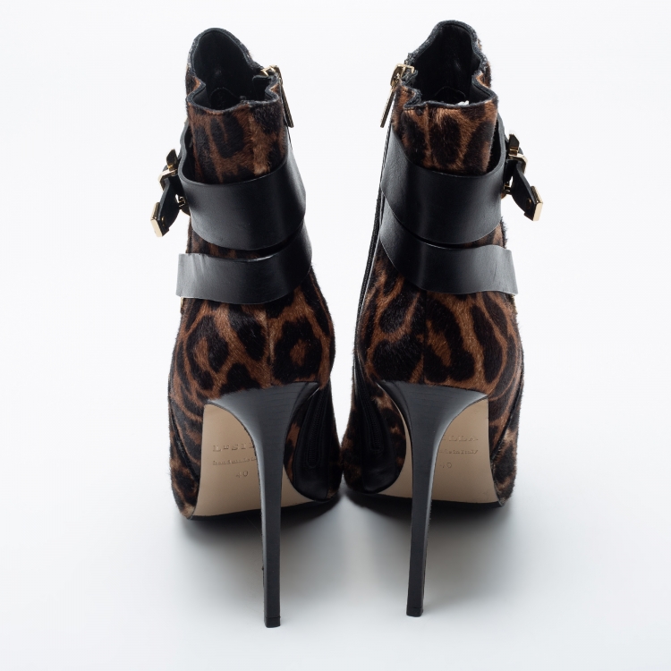 Pre Owned Le Silla Brown Leopard Printed Calf Hair Ankle Boots Size 40