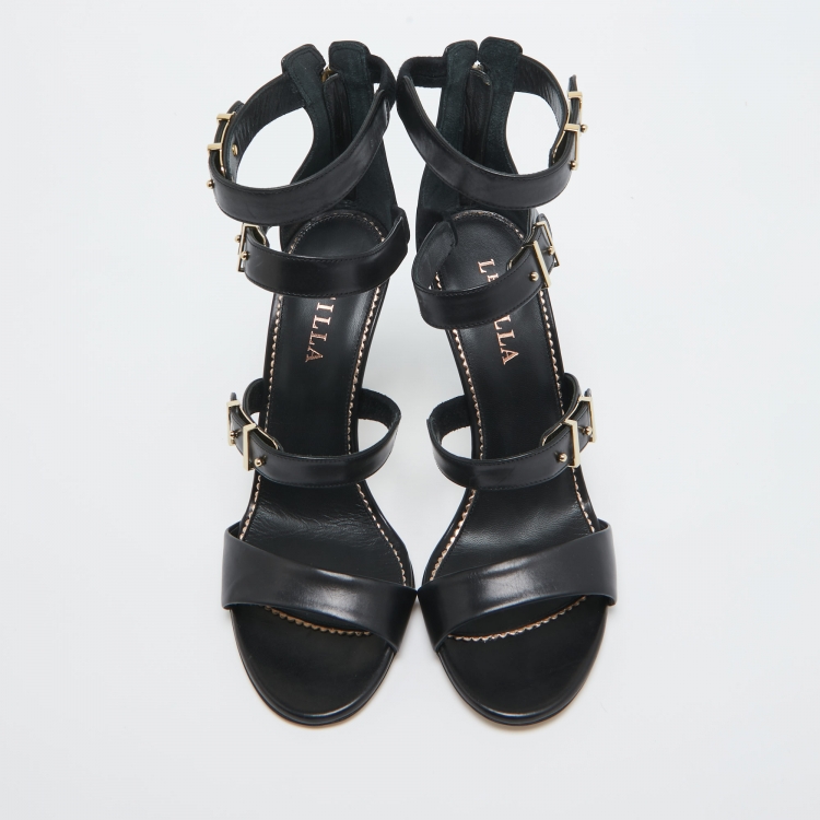 Pre Owned Le Silla Black Leather Ankle Strap Sandals Size 38.5
