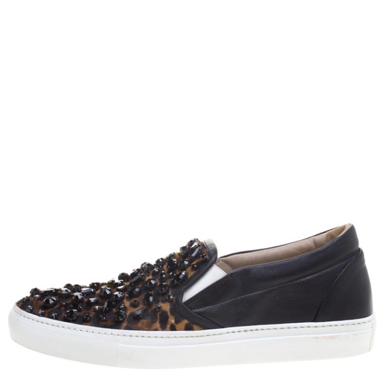 Pre Owned Le Silla Black Leopard Print Pony Hair Jaguar Crystal Embellished Slip On Sneakers Size 41