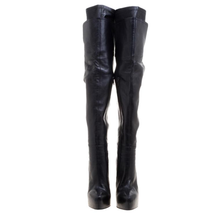 Pre Owned Le Silla Black Stretch Nappa Leather Over The Knee Platform Boots Size 38.5