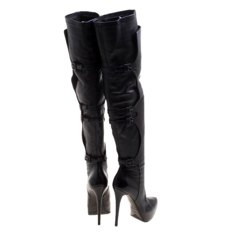 Pre Owned Le Silla Black Stretch Nappa Leather Over The Knee Platform Boots Size 38.5