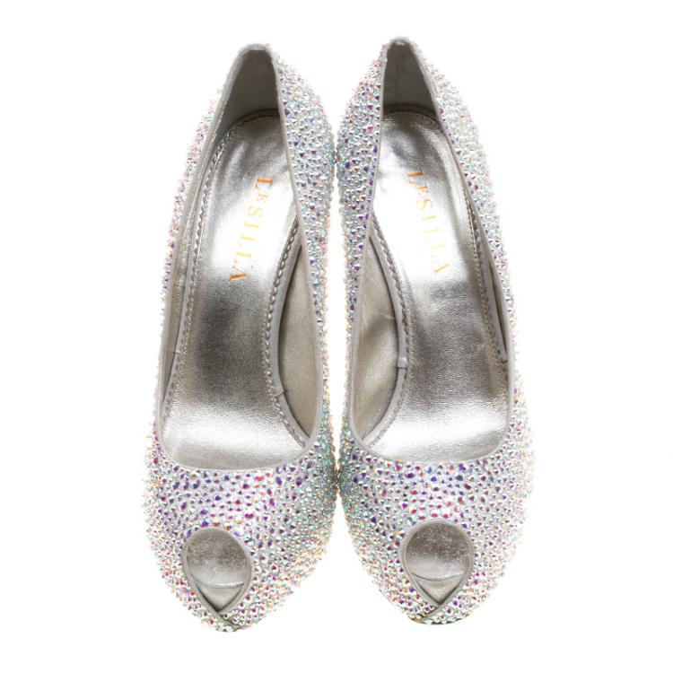Pre Owned Le Silla Grey Crystal Embellished Leather Peep Toe Platform Pumps Size 38