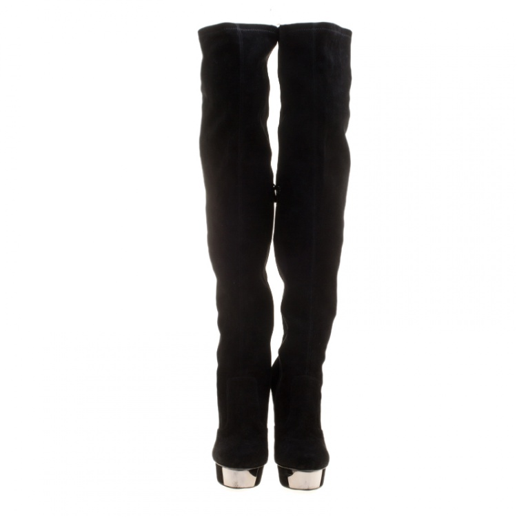 Pre Owned Enio Silla for Le Silla Black Suede Platform Knee Boots Size 38