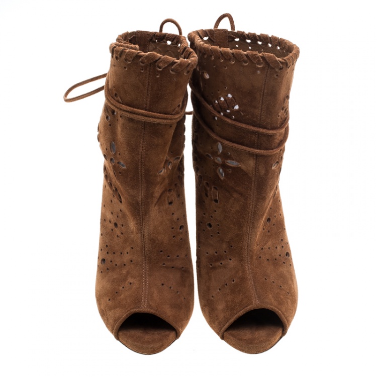 Pre Owned Le Silla Tan Suede Laser Cut Peep Toe Ankle Boots Size 36