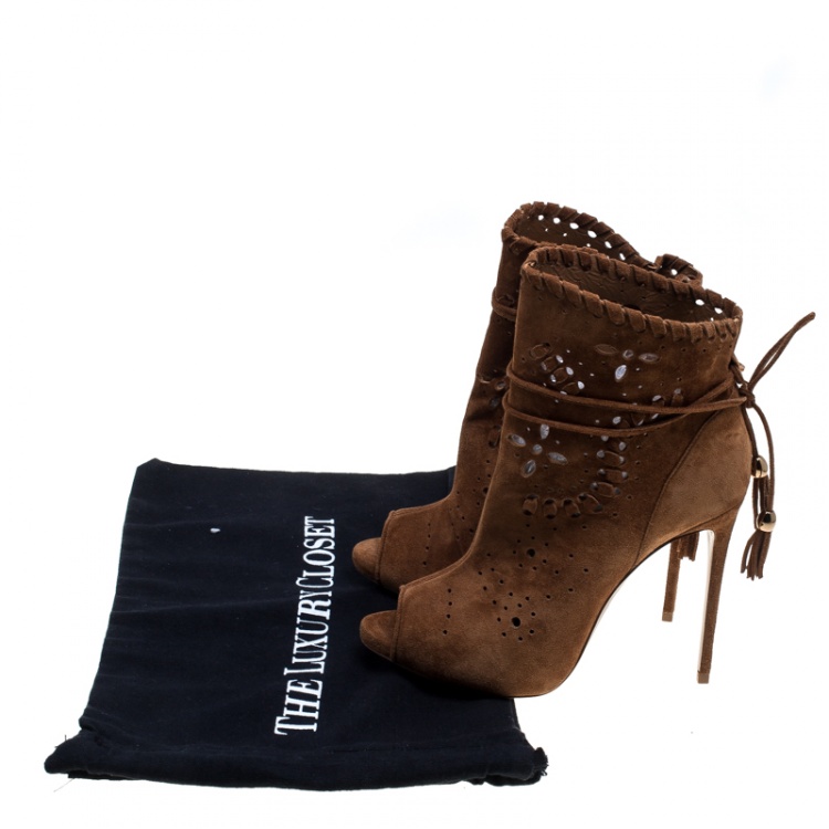 Pre Owned Le Silla Tan Suede Laser Cut Peep Toe Ankle Boots Size 36