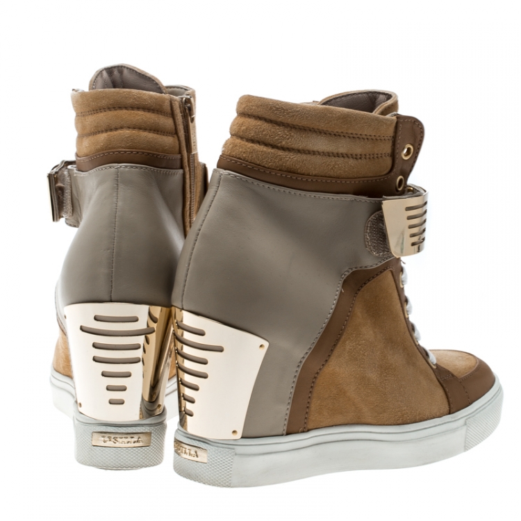Pre Owned Le Silla Brown/Grey Leather In Chipow High Top Wedge Sneakers Size 37