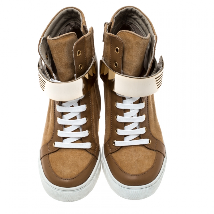 Pre Owned Le Silla Brown/Grey Leather In Chipow High Top Wedge Sneakers Size 37