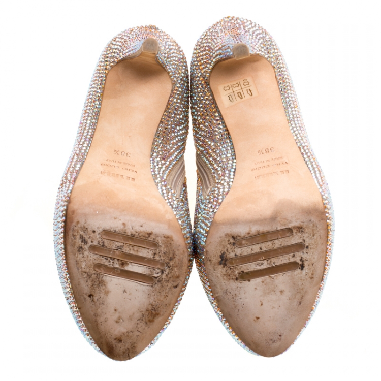 Pre Owned Enio Silla For Le Silla Beige Crystal Embellished Leather Peep Toe Platform Booties Size 38.5