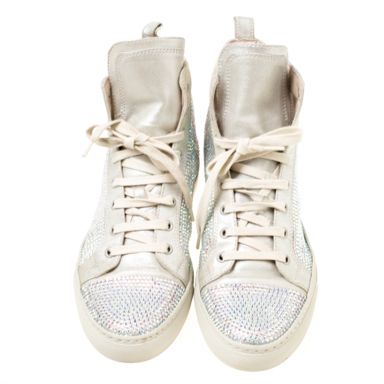 Pre Owned Le Silla Light Grey Suede Crystal Embellished High Top Sneakers Size 38