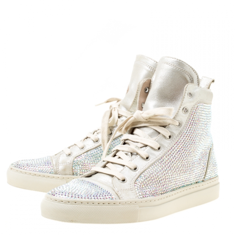 Pre Owned Le Silla Light Grey Suede Crystal Embellished High Top Sneakers Size 38
