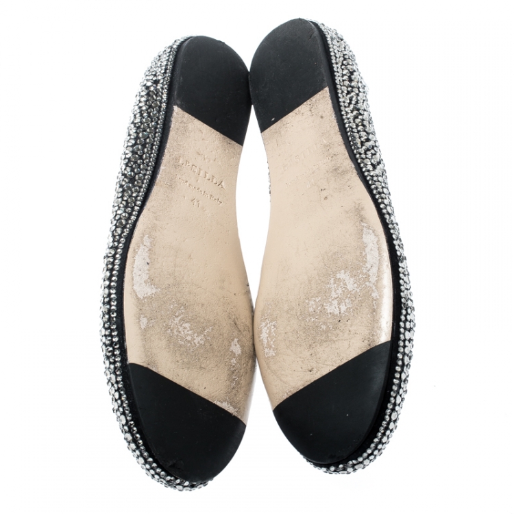 Pre Owned Le Silla Black Suede Crystal Embellished Ballet Flats Size 41
