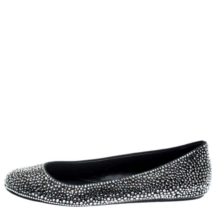 Pre Owned Le Silla Black Suede Crystal Embellished Ballet Flats Size 41